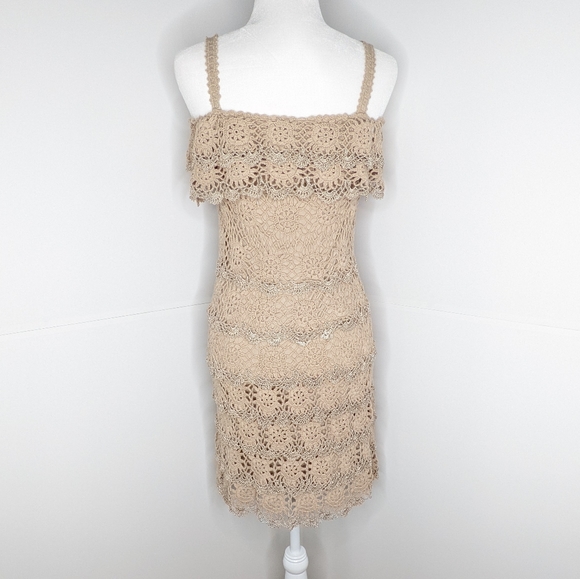 Boston Proper EUC crochet cold shoulder ruffles dress metallic small taupe brown - Picture 3 of 16